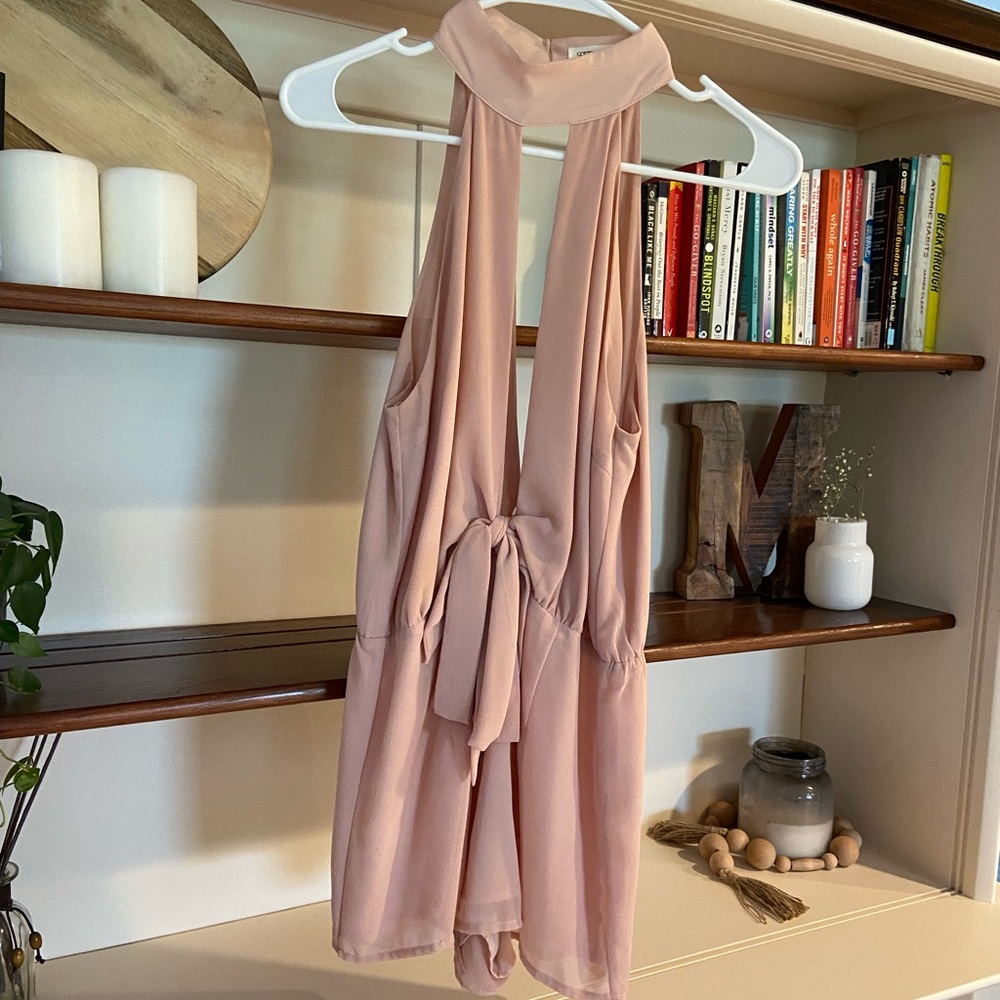 High Neck Light Pink Low Back and Low Cut Romper with Tie in Front - Size Small
